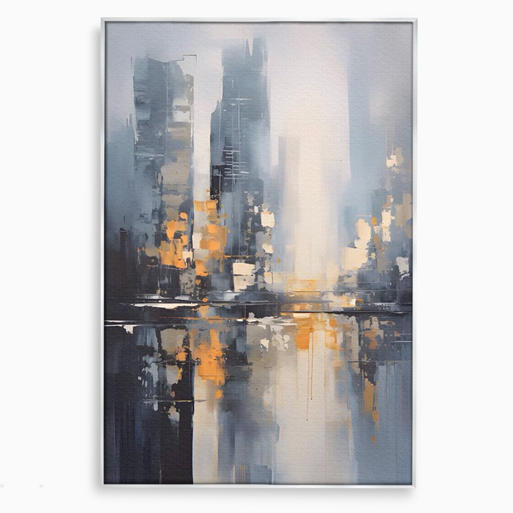 Tablou canvas cu pictura abstracta cu cladiri si reflexii, in rama de aluminiu argintiu